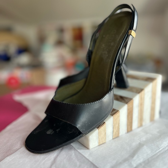 VTG 90s GUCCI slingback sandals sz 8 black leather scalloped edge 4.25in heel - Picture 7 of 16